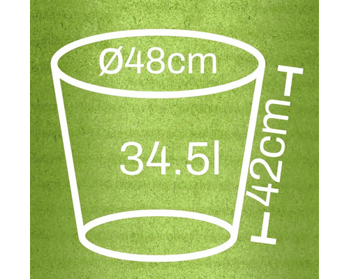 Illustratie van een plantenbak met afmetingen diameter 48 cm, hoogte 42 cm en 34,51 liter inhoud