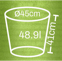 Schets van een plantenbak met afmetingen: diameter 45 cm, hoogte 41 cm, volume 48,91 liter