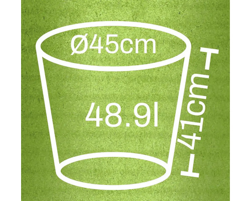 Schets van een plantenbak met afmetingen: diameter 45 cm, hoogte 41 cm, volume 48,91 liter
