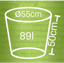 Diagram van een plantenbak met de afmetingen 55 centimeter diameter, 50 centimeter hoogte en 89 liter volume