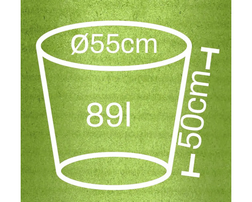 Diagram van een plantenbak met de afmetingen 55 centimeter diameter, 50 centimeter hoogte en 89 liter volume