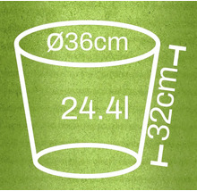 Bloempot met afmetingen diameter 36 cm, hoogte 32 cm en inhoud 24,4 liter.