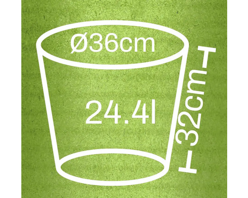 Bloempot met afmetingen diameter 36 cm, hoogte 32 cm en inhoud 24,4 liter.