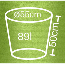 Illustratie van een plantenbak met de afmetingen 55 cm diameter, 50 cm hoogte en 89 liter volume