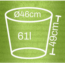 Illustratie van een plantenbak met de afmetingen diameter 46 centimeter, hoogte 49 centimeter en inhoud 61 liter.