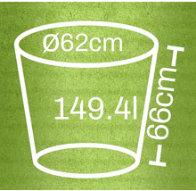 Schets van een plantenbak met de afmetingen diameter 62 centimeter, hoogte 66 centimeter en volume 149,41 liter
