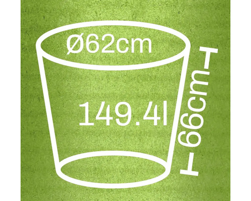 Schets van een plantenbak met de afmetingen diameter 62 centimeter, hoogte 66 centimeter en volume 149,41 liter