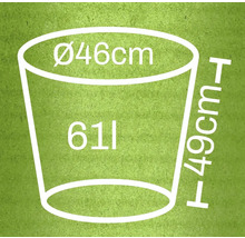 Afmetingen van een plantenbak: diameter 46 cm, hoogte 49 cm, inhoud 61 liter