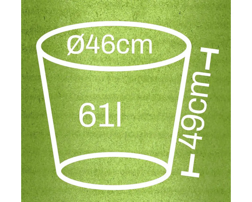 Afmetingen van een plantenbak: diameter 46 cm, hoogte 49 cm, inhoud 61 liter