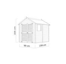 Afbeelding van een tuinhuis met afmetingen van 225 cm hoog, 181 cm breed en 239 cm diep