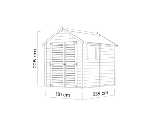 Afbeelding van een tuinhuis met afmetingen van 225 cm hoog, 181 cm breed en 239 cm diep