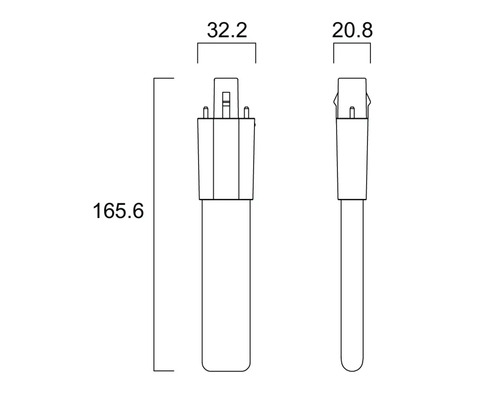 Maattekening van een lamp met de afmetingen 165,6 millimeter hoogte, 32,2 millimeter breedte en 20,8 millimeter diepte.