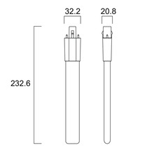 Technische tekening lamp, lengte 232,6 millimeter, breedte 32,2 millimeter, diepte 20,8 millimeter.