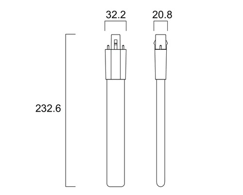 Technische tekening lamp, lengte 232,6 millimeter, breedte 32,2 millimeter, diepte 20,8 millimeter.
