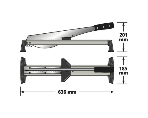 Laminaatsnijder in zij- en bovenaanzicht met afmetingen: lengte 636 millimeter, hoogte 201 millimeter, breedte 185 millimeter.