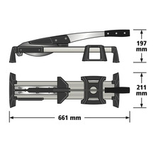 Laminaatsnijder met afmetingen: lengte 661 millimeter, hoogte 197 millimeter en breedte 211 millimeter.