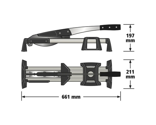 Laminaatsnijder met afmetingen: lengte 661 millimeter, hoogte 197 millimeter en breedte 211 millimeter.