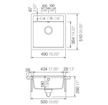 Technische tekening van een vierkante keukenspoelbak met afmetingen in millimeter en inch, bovenaanzicht en zijaanzicht.