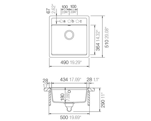 Technische tekening van een vierkante keukenspoelbak met afmetingen in millimeter en inch, bovenaanzicht en zijaanzicht.
