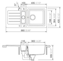Technische tekening van een inbouwspoelbak met anderhalve spoelbak en afdruipgedeelte met afmetingen in millimeter en inch.