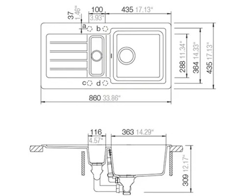 Technische tekening van een inbouwspoelbak met anderhalve spoelbak en afdruipgedeelte met afmetingen in millimeter en inch.