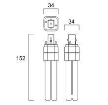 Technische tekening van een lichtbron met afmetingen van 152 millimeter hoogte en 34 millimeter breedte.