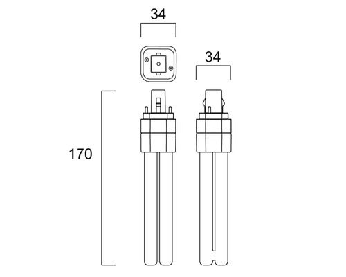 Maatschets van een compacte fluorescentielamp met een totale hoogte van 170 millimeter en een breedte van 34 millimeter.