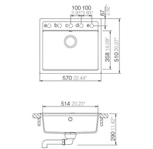 Technische tekening van een gootsteen met afmetingen in millimeter en inch, bovenaanzicht en zijaanzicht met afvoerpijp.