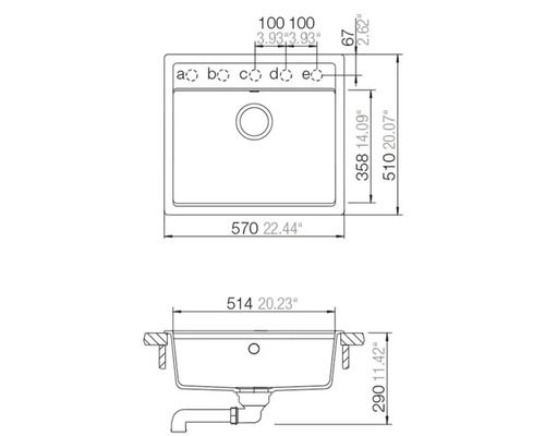 Technische tekening van een gootsteen met afmetingen in millimeter en inch, bovenaanzicht en zijaanzicht met afvoerpijp.