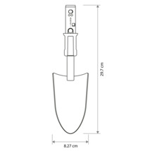 Maattekening van een verplantschep met een lengte van 29,7 centimeter en een breedte van 8,27 centimeter.