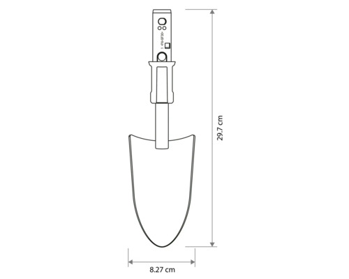Maattekening van een verplantschep met een lengte van 29,7 centimeter en een breedte van 8,27 centimeter.