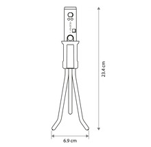 Technische tekening van een handcultivator met afmetingen: hoogte 23,4 centimeter en breedte 6,9 centimeter.