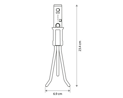 Technische tekening van een handcultivator met afmetingen: hoogte 23,4 centimeter en breedte 6,9 centimeter.