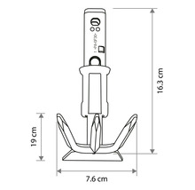 Technische tekening van een plug met afmetingen: totale hoogte 16,3 centimeter, breedte 7,6 centimeter en een deelhoogte van 19 centimeter.