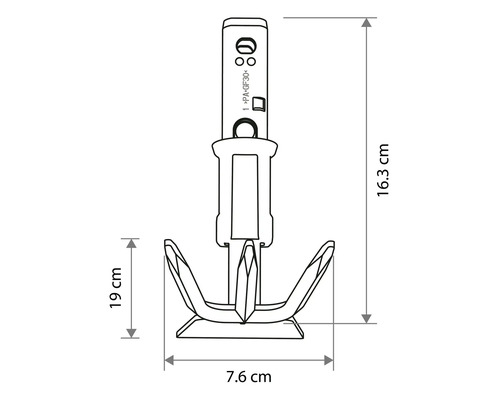 Technische tekening van een plug met afmetingen: totale hoogte 16,3 centimeter, breedte 7,6 centimeter en een deelhoogte van 19 centimeter.