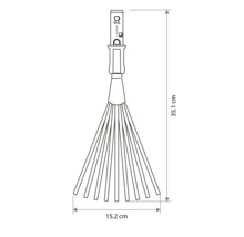 Technische tekening van een handhark met afmetingen: lengte 35,1 centimeter en breedte 15,2 centimeter.