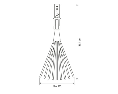 Technische tekening van een handhark met afmetingen: lengte 35,1 centimeter en breedte 15,2 centimeter.