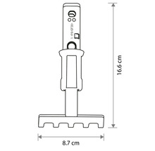 Technische tekening van een opzetstuk voor een kleine tuinhark met afmetingen: hoogte 16.6 centimeter en breedte 8.7 centimeter.