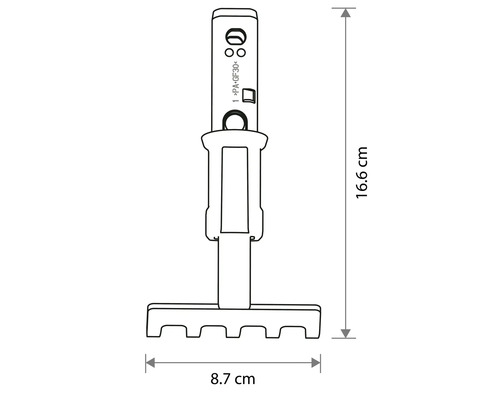 Technische tekening van een opzetstuk voor een kleine tuinhark met afmetingen: hoogte 16.6 centimeter en breedte 8.7 centimeter.