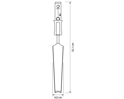 Technische tekening van een smalle verplantschep met een totale lengte van 32,1 centimeter en een breedte van 4,0 centimeter.