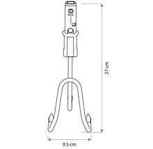 Technische tekening van een handcultivator met drie tanden. Hoogte 27 centimeter, breedte 9,5 centimeter.