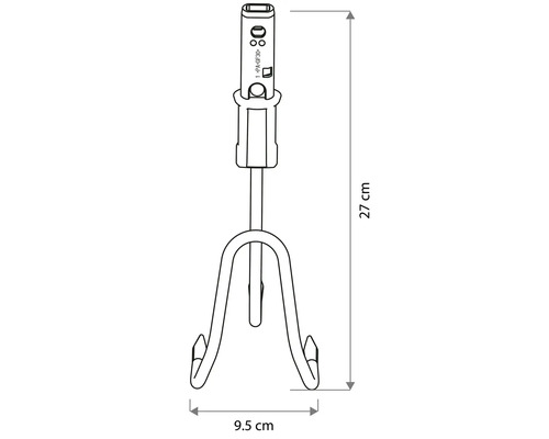 Technische tekening van een handcultivator met drie tanden. Hoogte 27 centimeter, breedte 9,5 centimeter.
