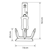 Technische tekening van een cultivator opzetstuk voor de tuin met afmetingen 16,5 centimeter, 7,6 centimeter en 20,2 centimeter.