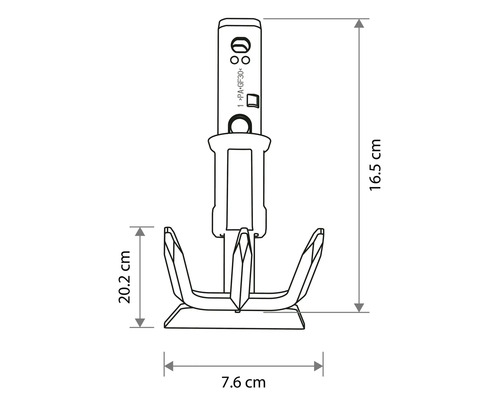 Technische tekening van een cultivator opzetstuk voor de tuin met afmetingen 16,5 centimeter, 7,6 centimeter en 20,2 centimeter.
