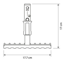Maatschets van een kleine hark met een breedte van 17.7 centimeter en een hoogte van 17 centimeter.