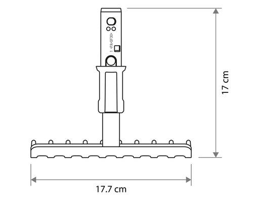 Maatschets van een kleine hark met een breedte van 17.7 centimeter en een hoogte van 17 centimeter.