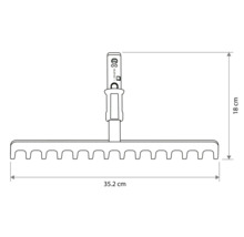 Technische tekening van een harkkop met een breedte van 35,2 centimeter en een hoogte van 18 centimeter.