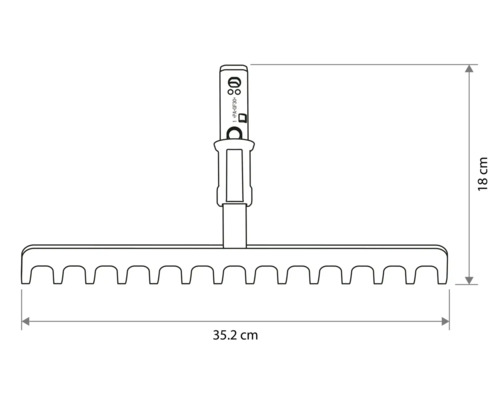 Technische tekening van een harkkop met een breedte van 35,2 centimeter en een hoogte van 18 centimeter.