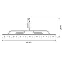 Technische tekening van een harkkop met afmetingen van 61,7 centimeter breed en 23 centimeter hoog.