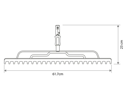Technische tekening van een harkkop met afmetingen van 61,7 centimeter breed en 23 centimeter hoog.